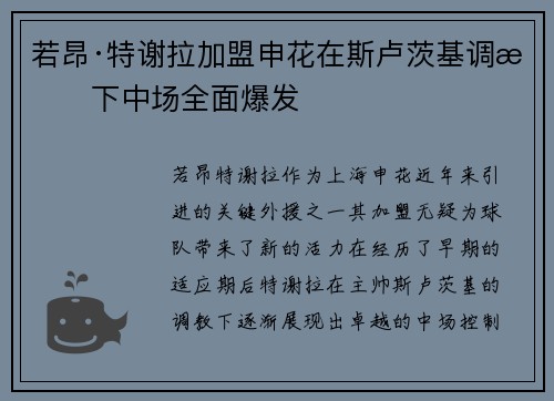 若昂·特谢拉加盟申花在斯卢茨基调教下中场全面爆发